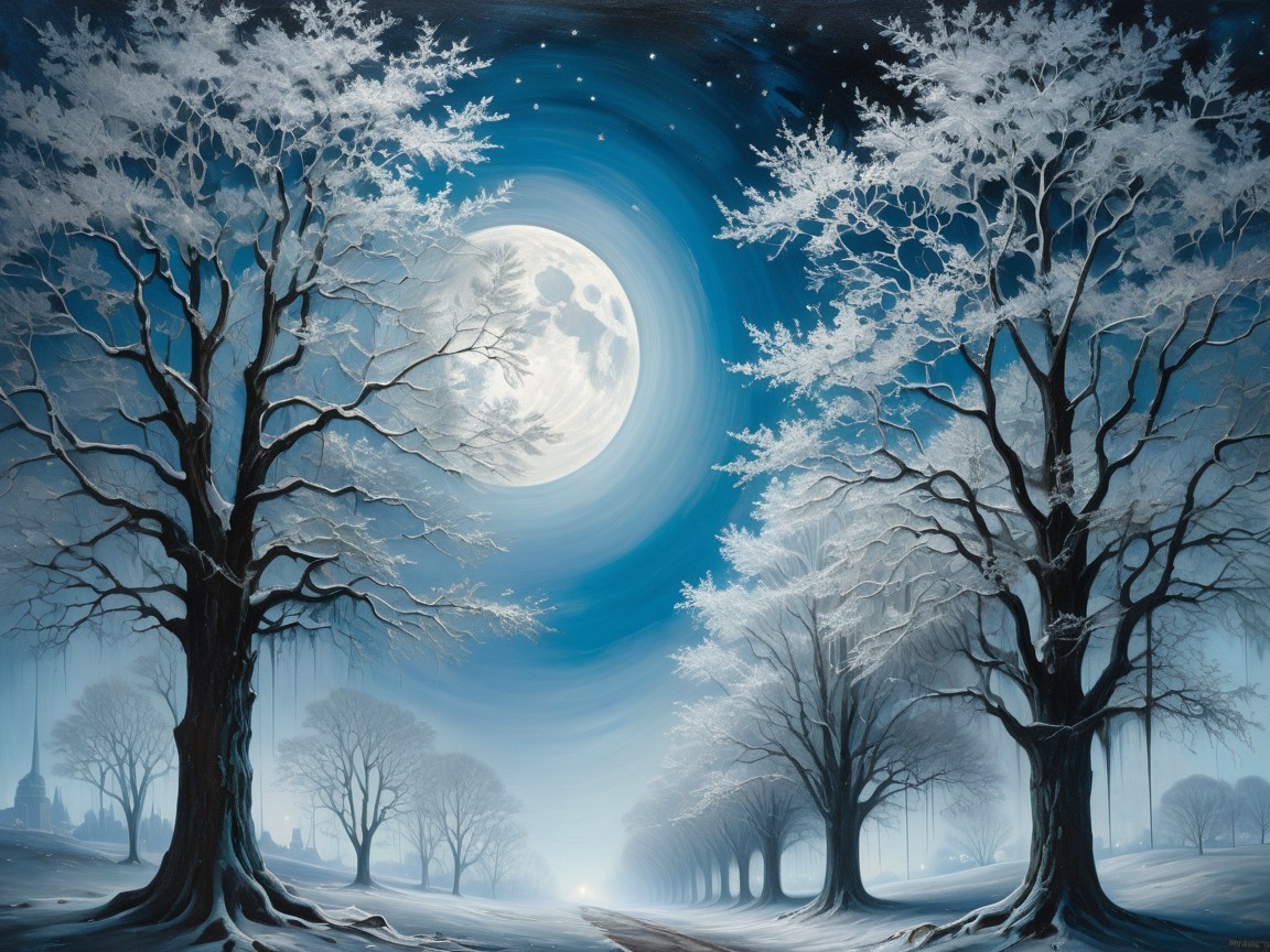 Fantastical Winter Landscape with Full Moon and Trees