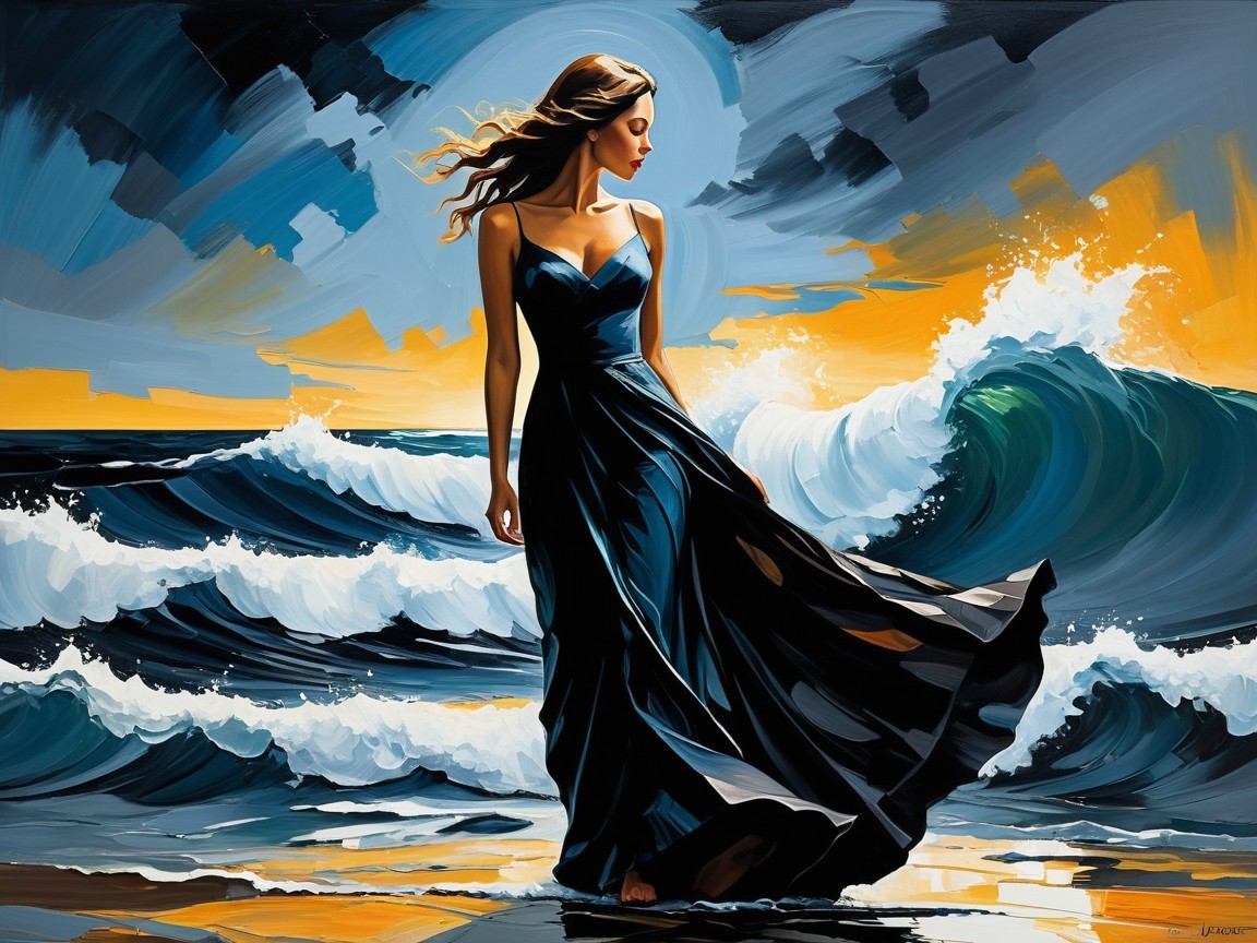 Woman in Black Dress on Beach at Sunset