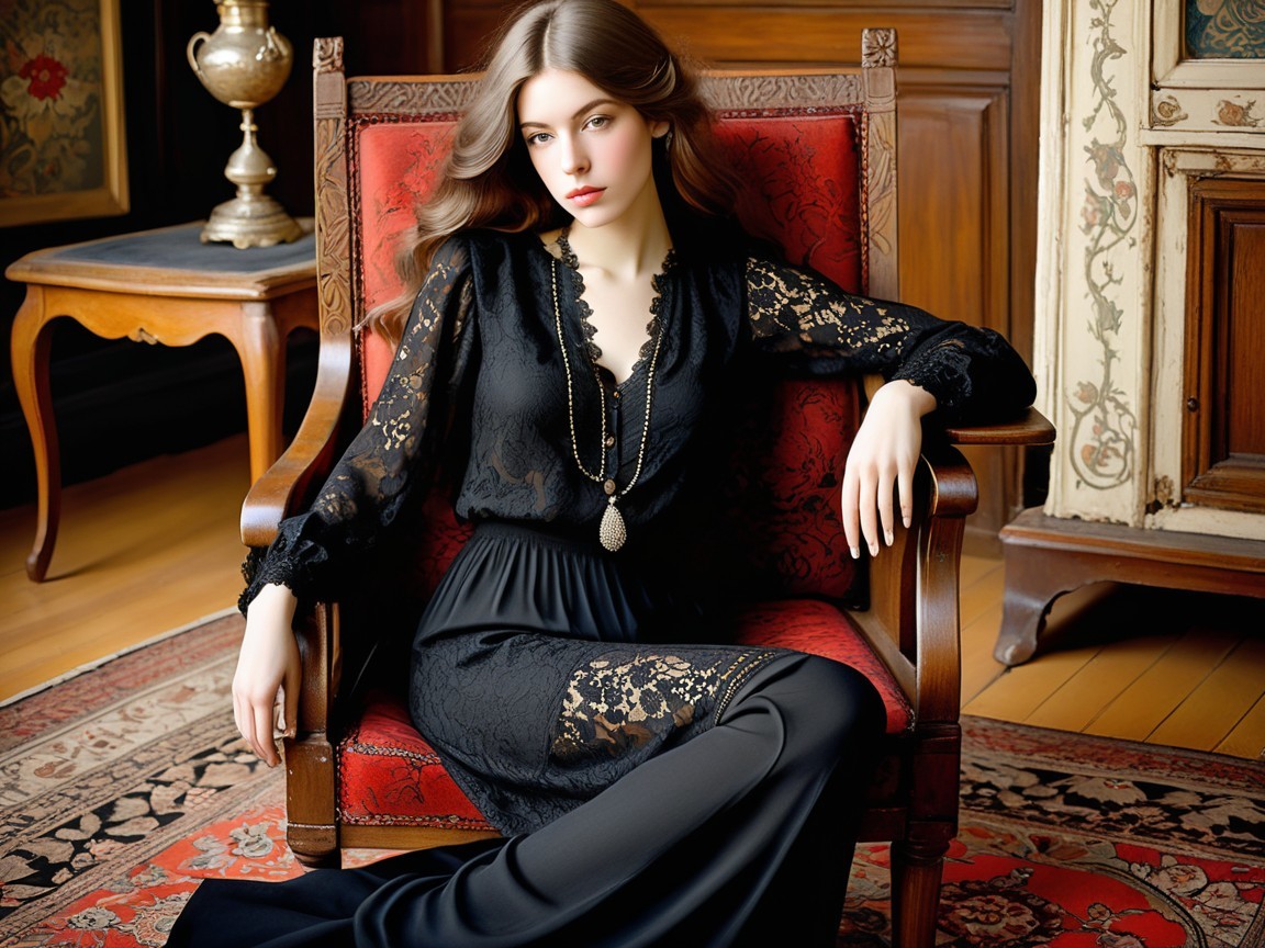 Young Woman in Elegant Black Lace Outfit and Chair