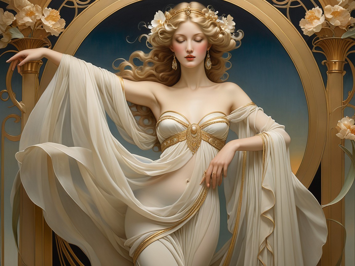Ethereal Figure in White Fabric with Floral Accents