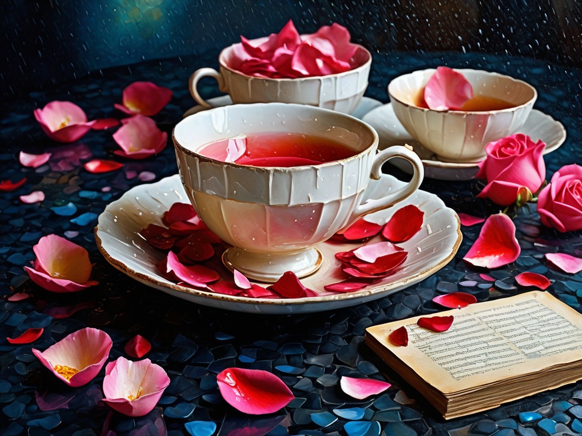 Elegant Tea Cups with Rose Petals and Open Book