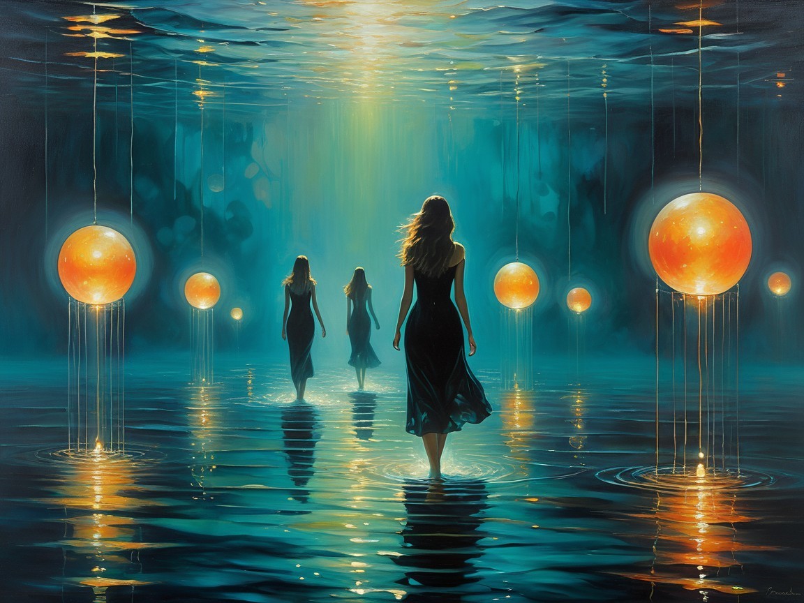 Three Figures in Black Dresses by Tranquil Water