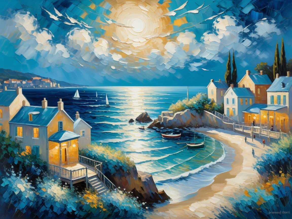 Vibrant Coastal Dusk Scene with Charming Houses