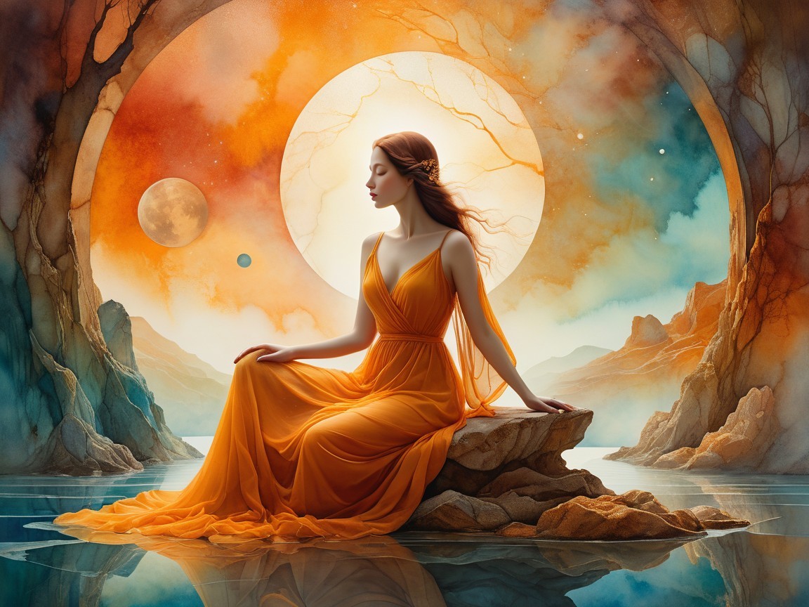Serene Figure in Orange Gown by Cosmic Waterscape