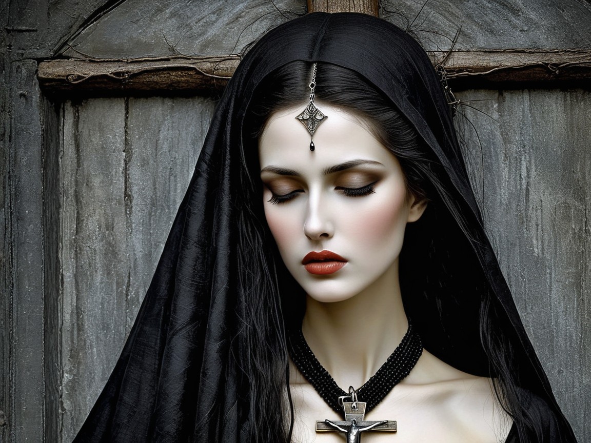 Elegant figure in black with a flowing veil and cross