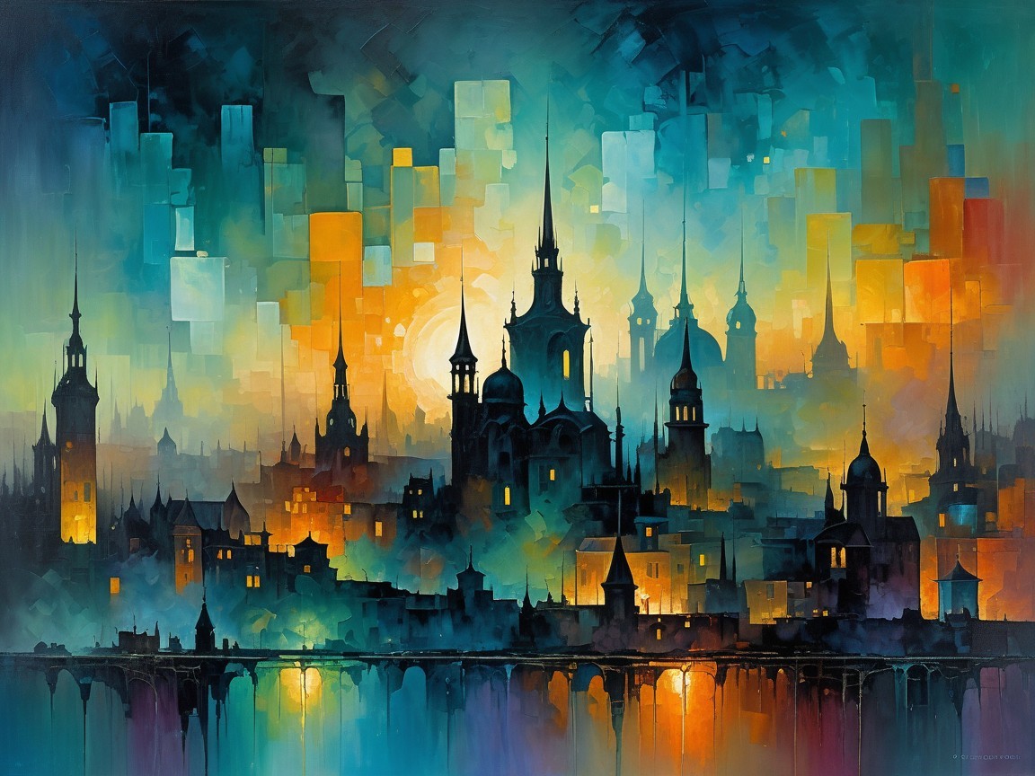 Vibrant Abstract Cityscape at Dusk with Silhouettes