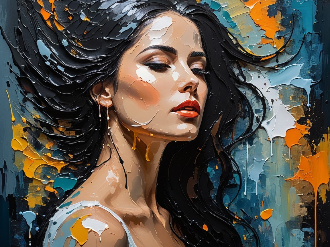 Portrait of a Woman with Flowing Black Hair in Color