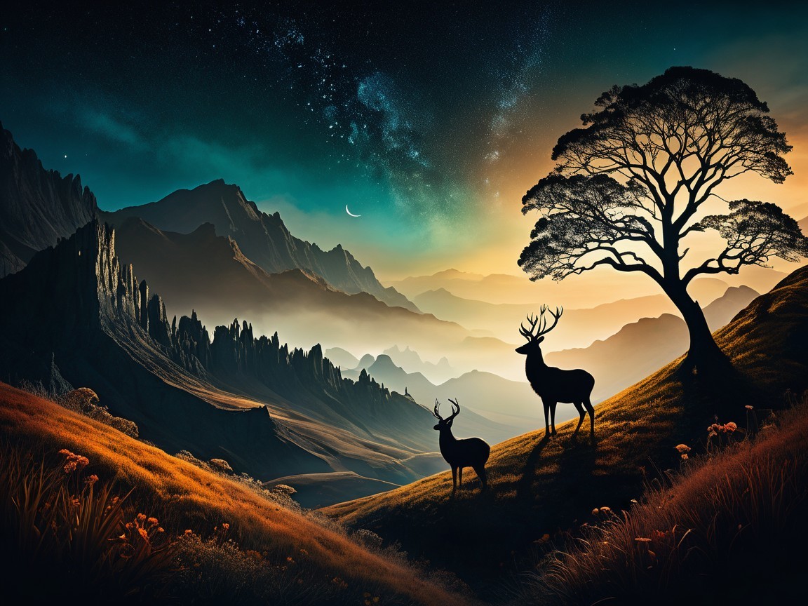 Serene Dusk Landscape with Mountains and Deer Silhouette