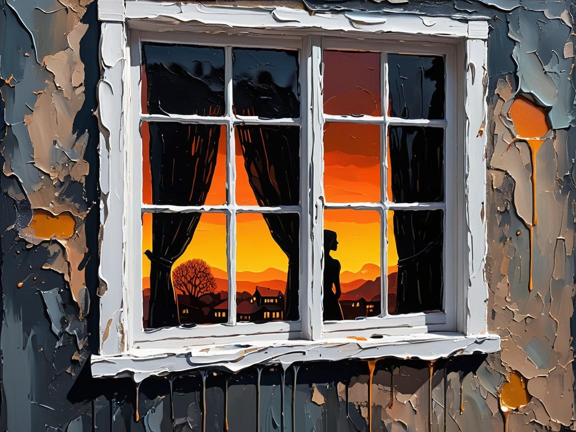 Weathered Window with Sunset and Silhouette Inside