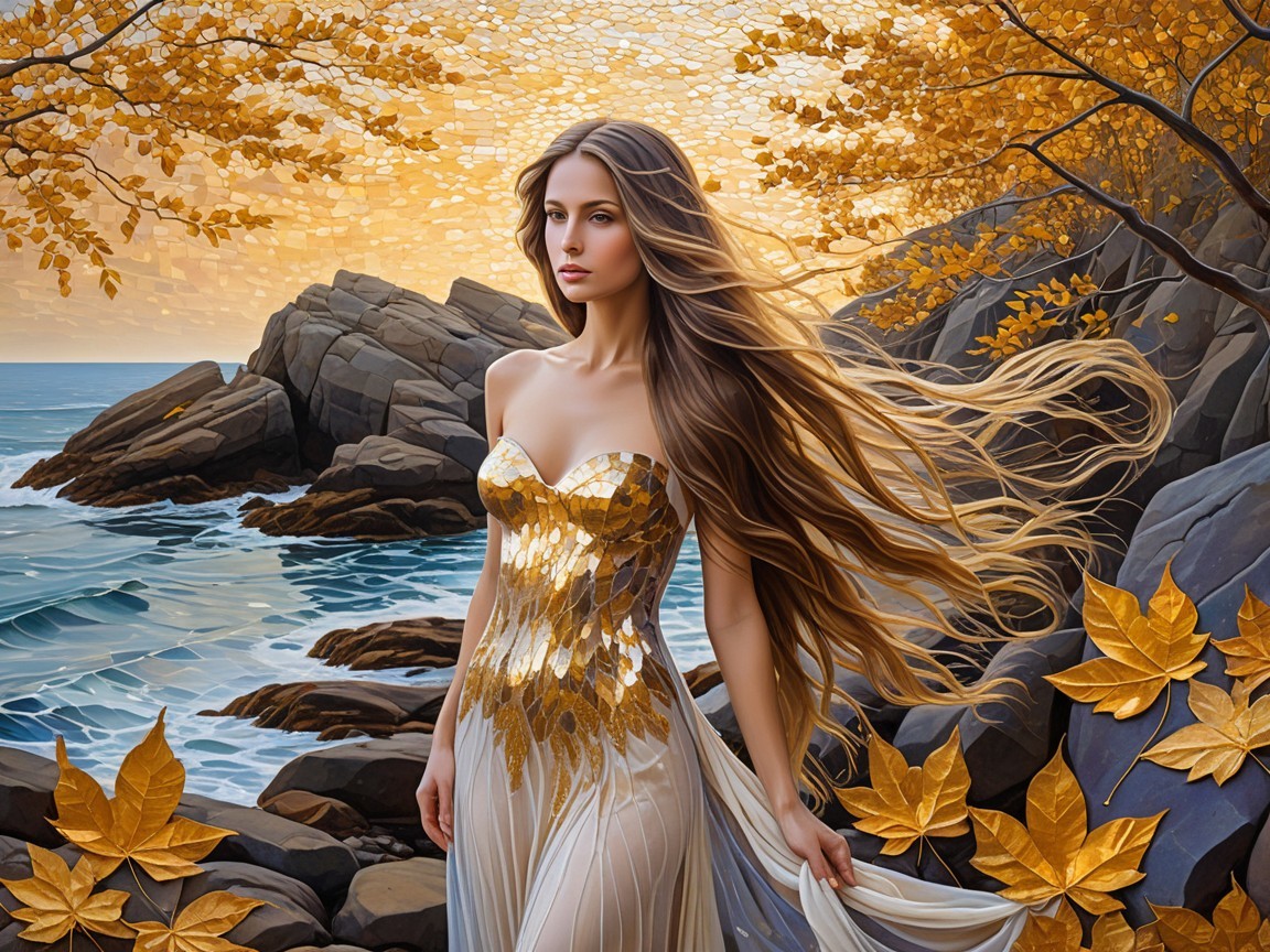 Serene Woman in Gown by Rocky Shore at Sunset
