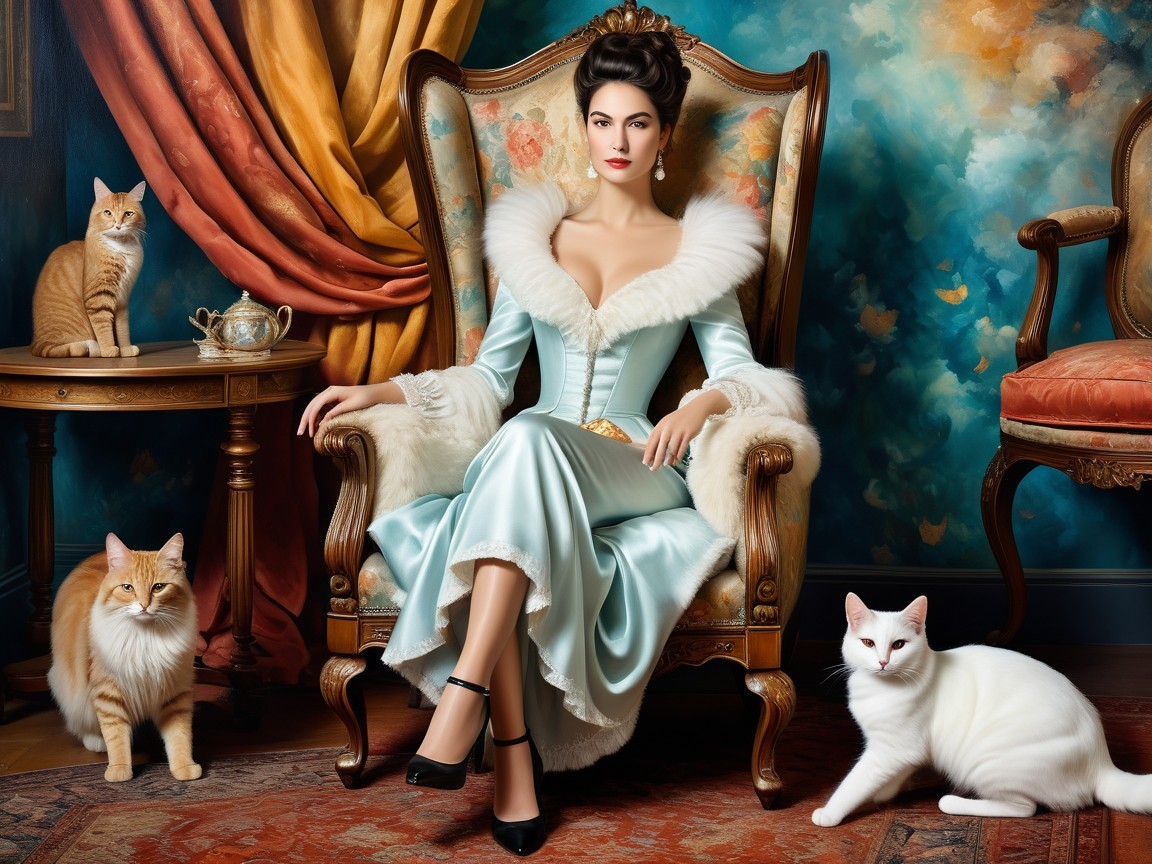 Elegant woman in light blue gown with three cats