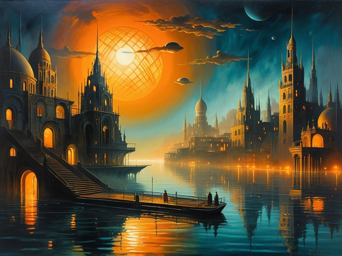 Fantastical cityscape at sunset with ornate architecture
