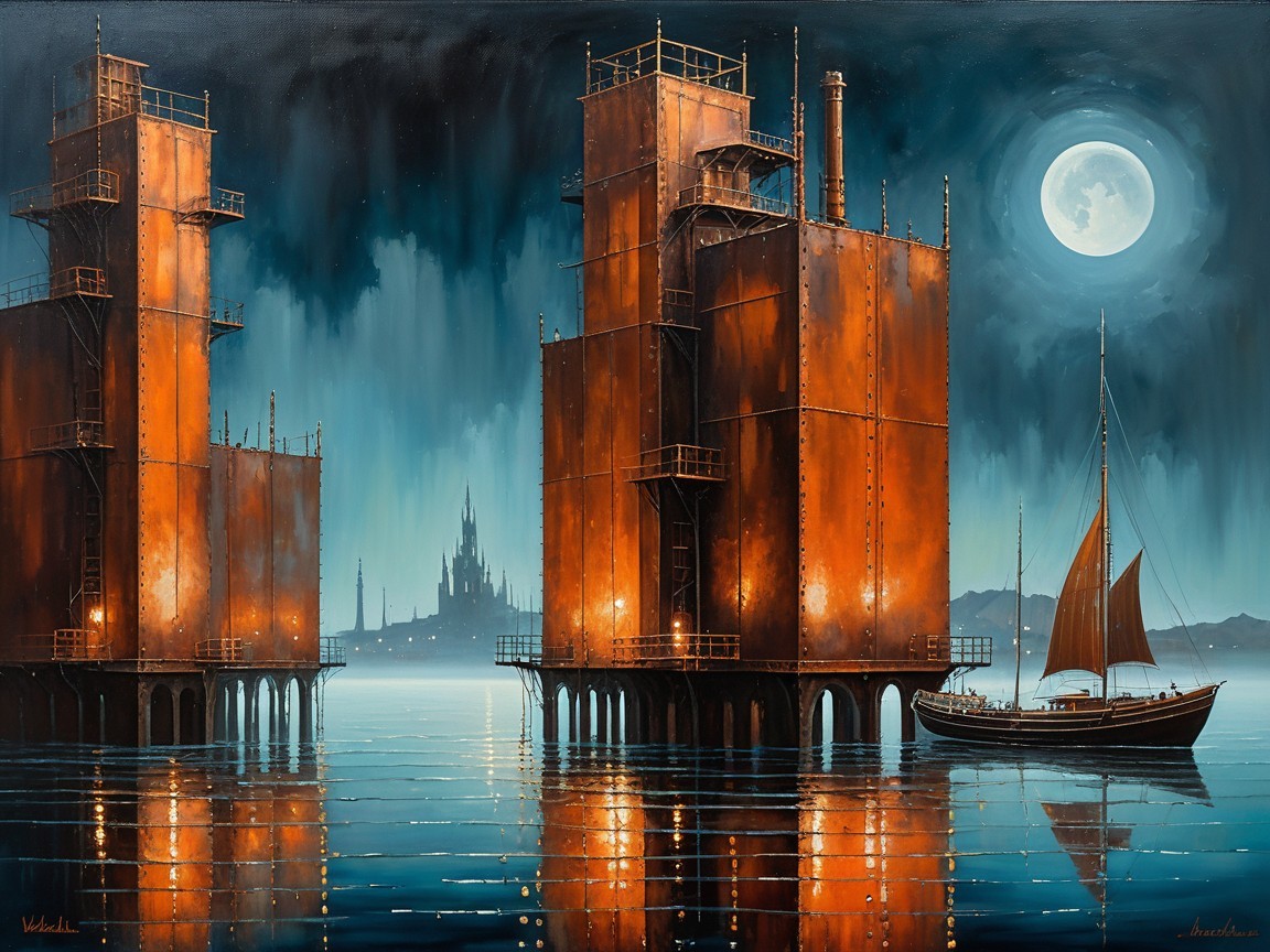 Oil Painting of Futuristic Structures in Watery Landscape