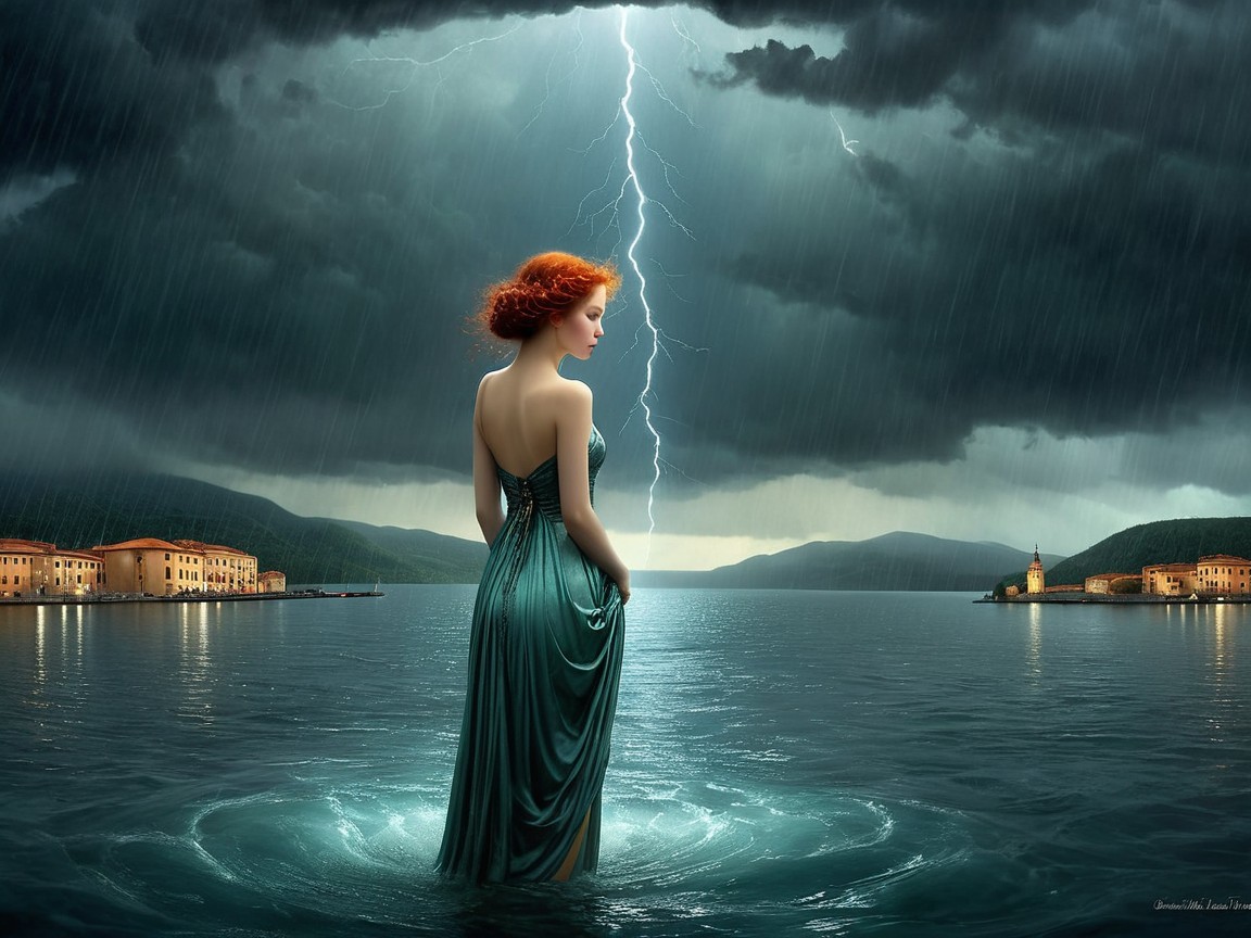 Young Woman in Teal Dress by Serene Lake with Stormy Sky