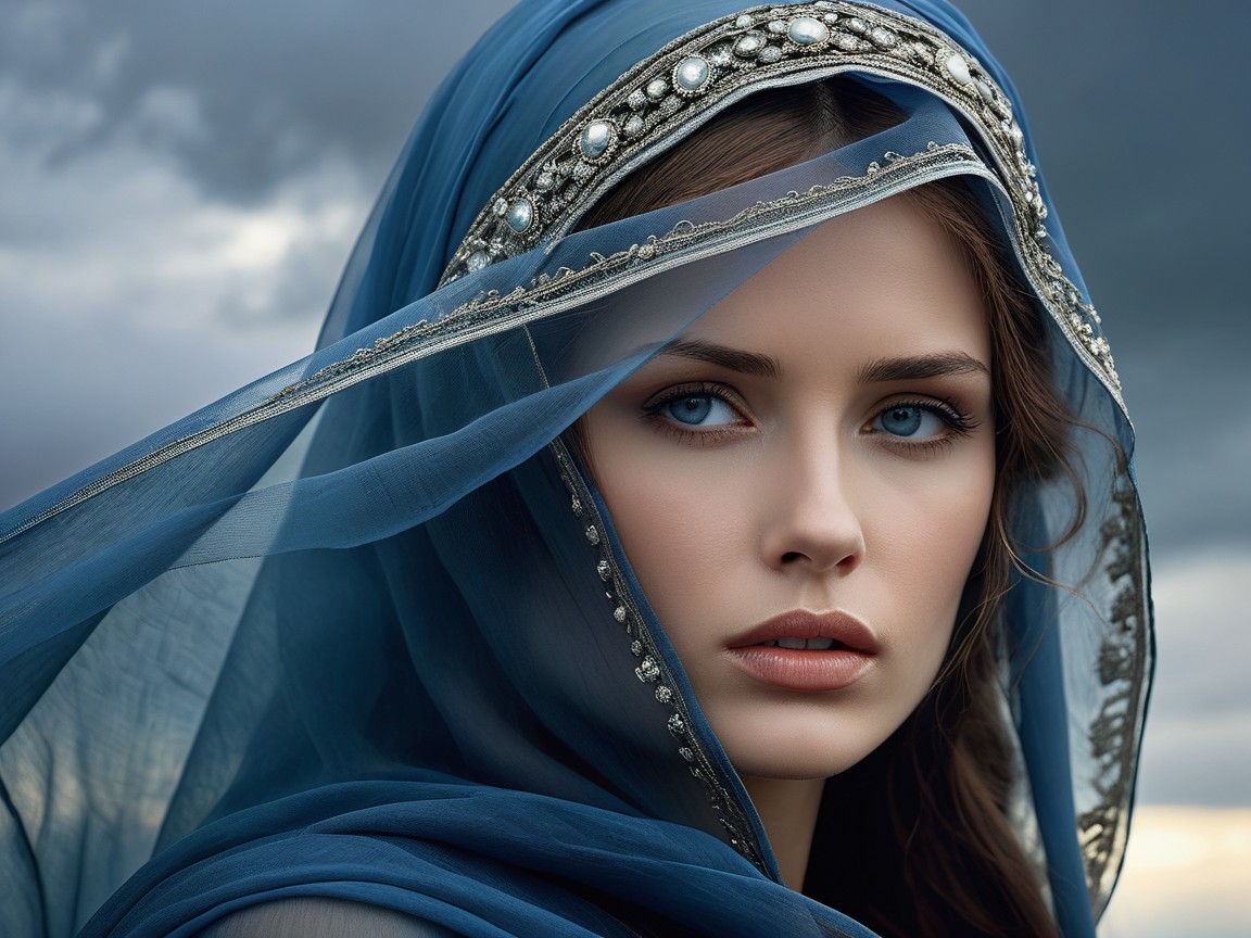 Young woman with blue eyes and delicate blue veil