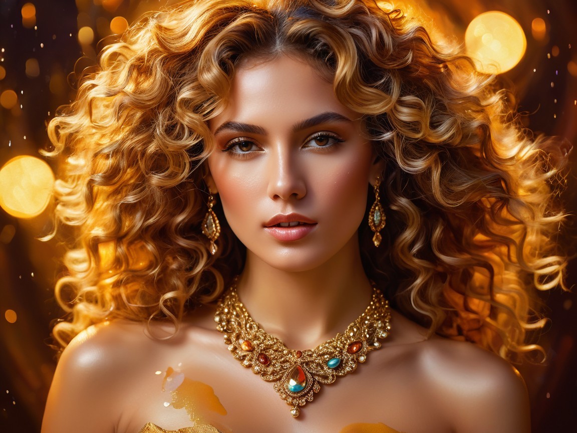 Portrait of a woman with curly hair and gold jewelry