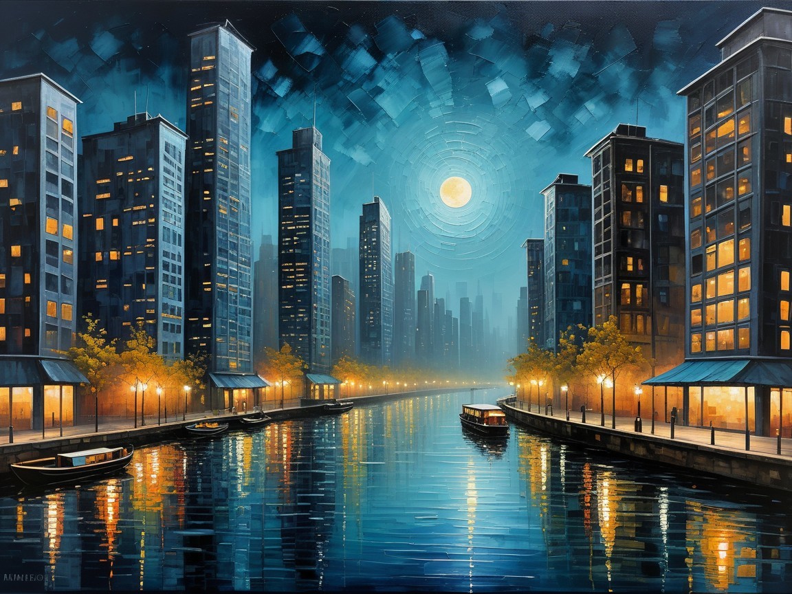 Nighttime Urban Landscape with Illuminated Skyscrapers