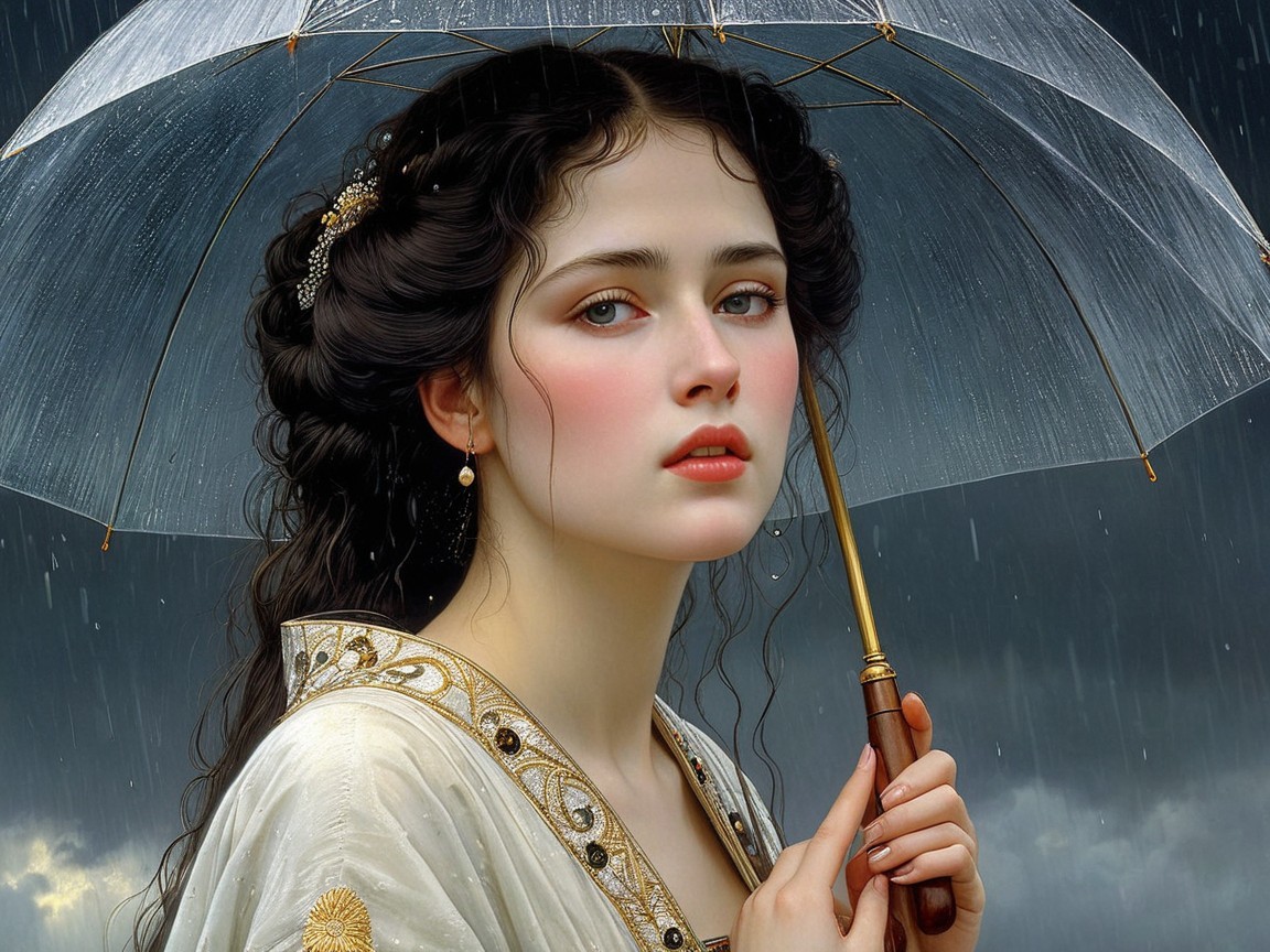 Young woman under umbrella with dark clouds and rain