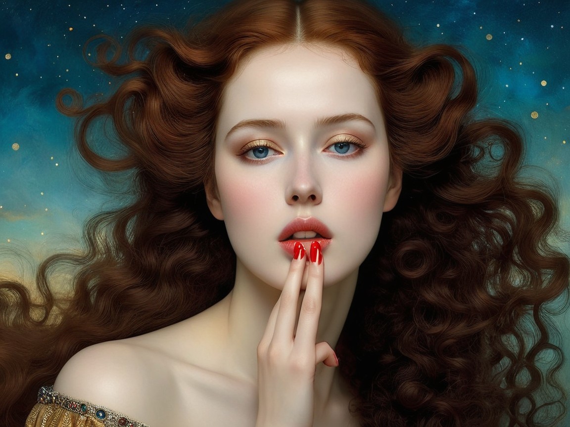 Portrait of a Young Woman with Curly Hair and Blue Eyes
