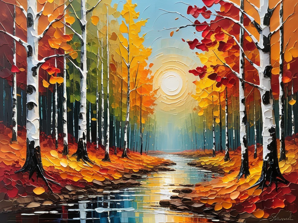 Vibrant Autumn Landscape with Birch Trees and River