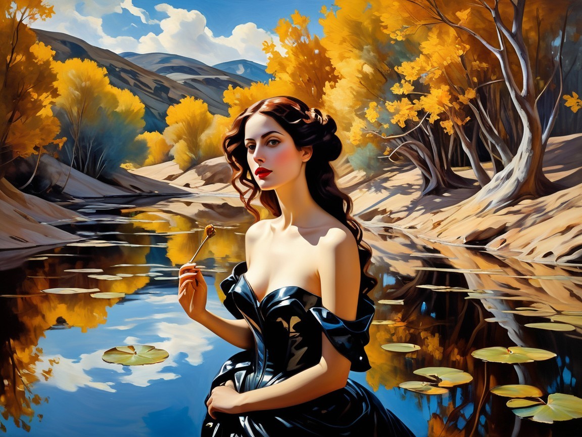 Woman in Black Gown by Autumn River Landscape