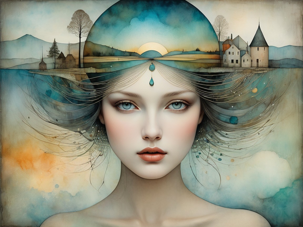 Ethereal Woman Merging with Dreamy Landscape