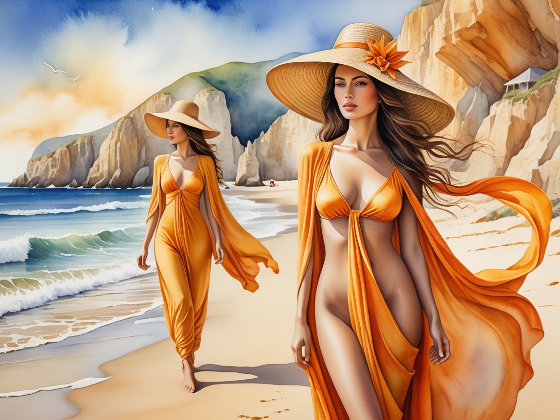 Elegant women in orange dresses on a sunlit beach