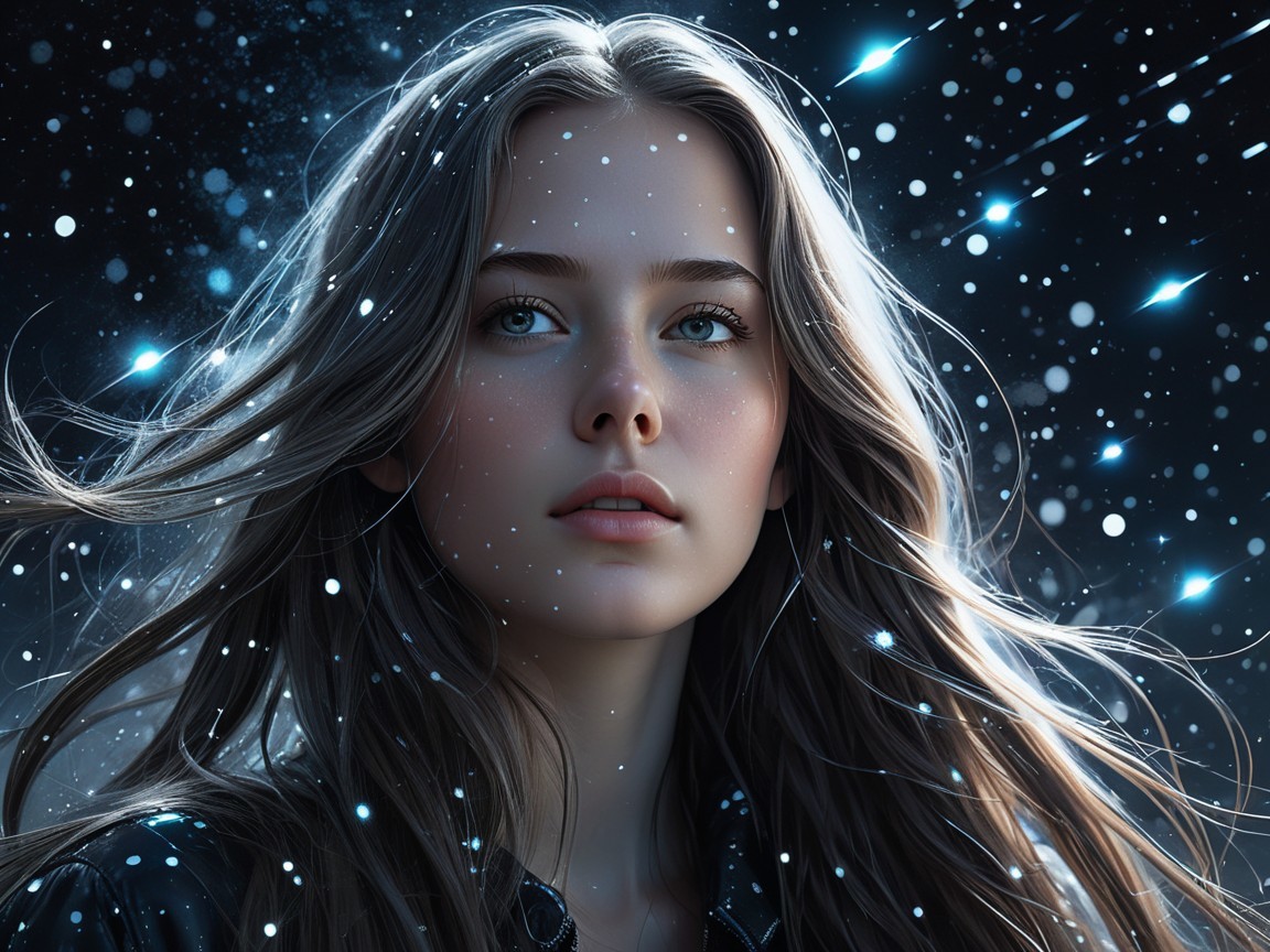 Close-Up Portrait of a Young Woman in Cosmic Setting