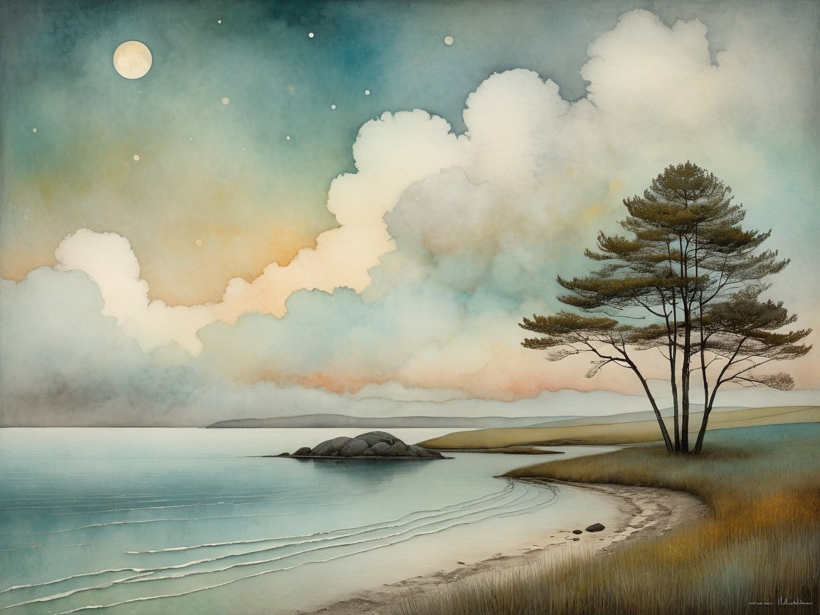 Watercolor Painting of a Coastal Landscape at Dusk