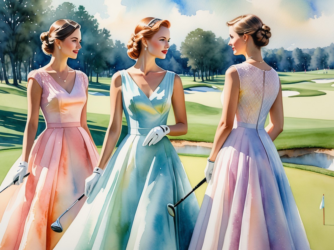 Elegant Women in Colorful Gowns on Golf Course