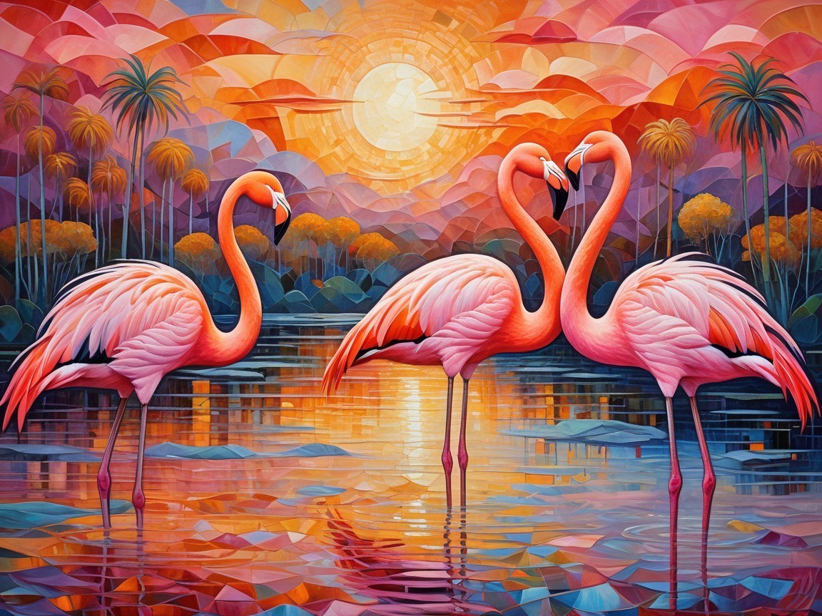 Vibrant Pink Flamingos in Mosaic Art Style