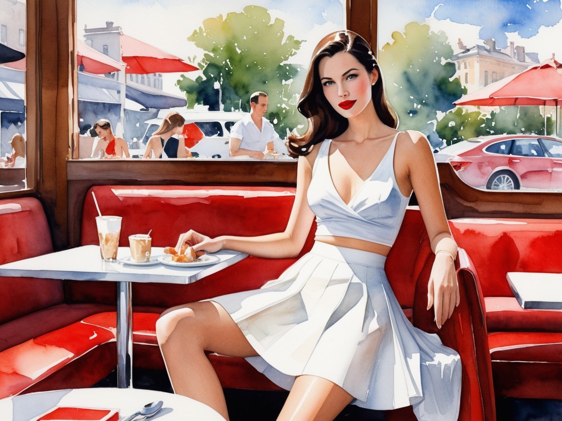 Stylish Woman in Café with Vibrant Atmosphere
