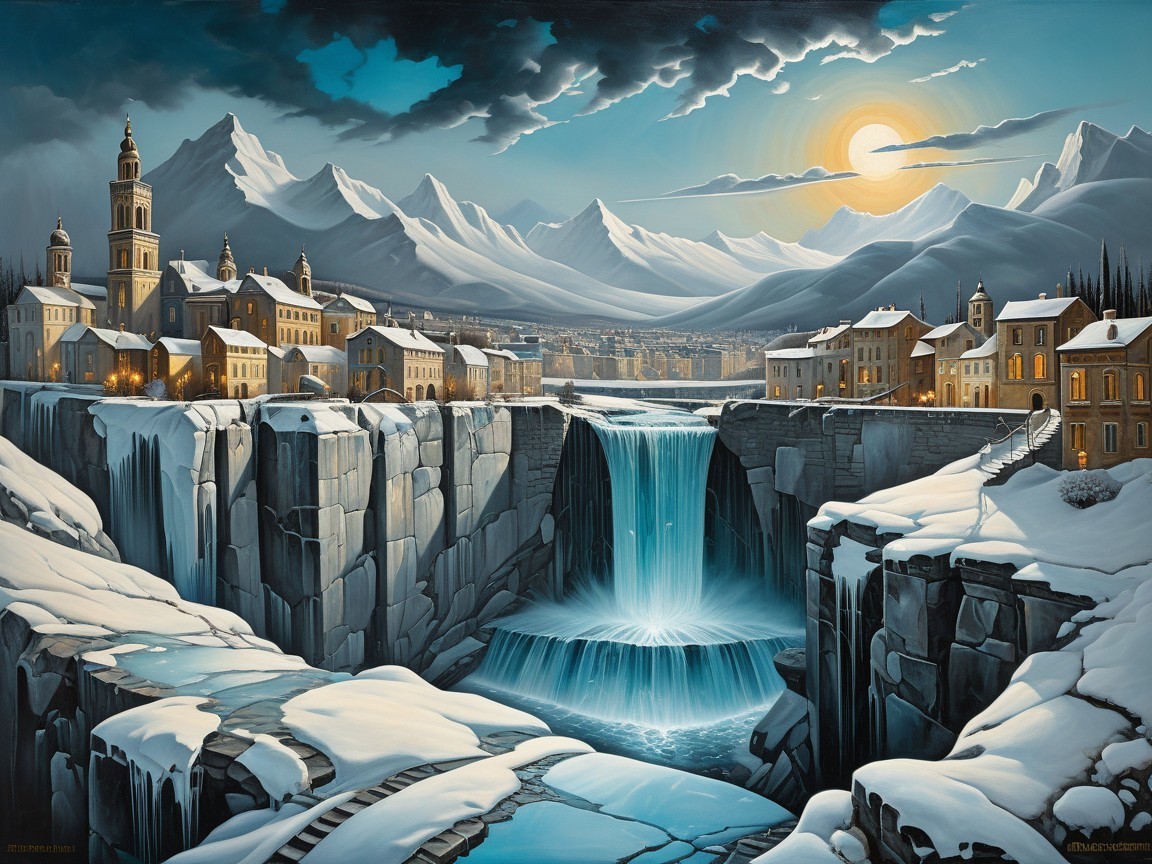 Winter Landscape with Waterfall and Snowy Mountains