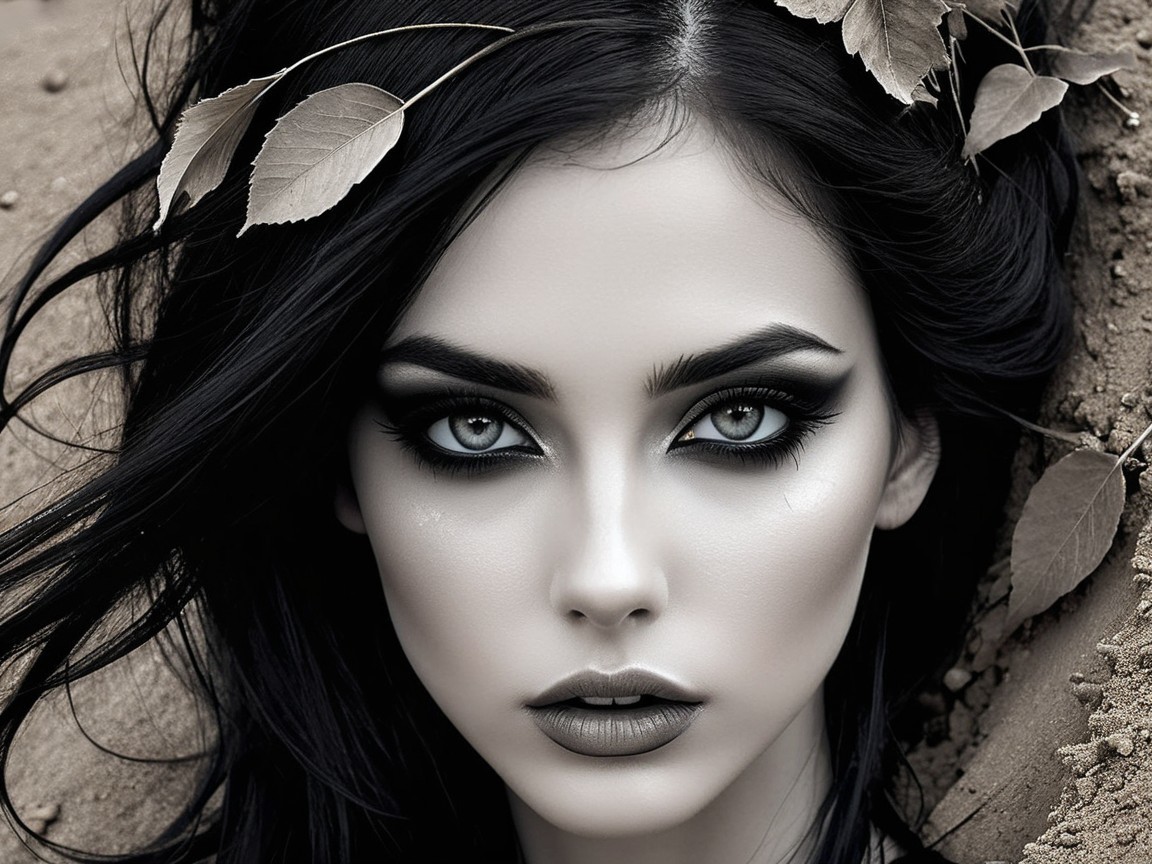 Close-up of a young woman with bold makeup and leaves