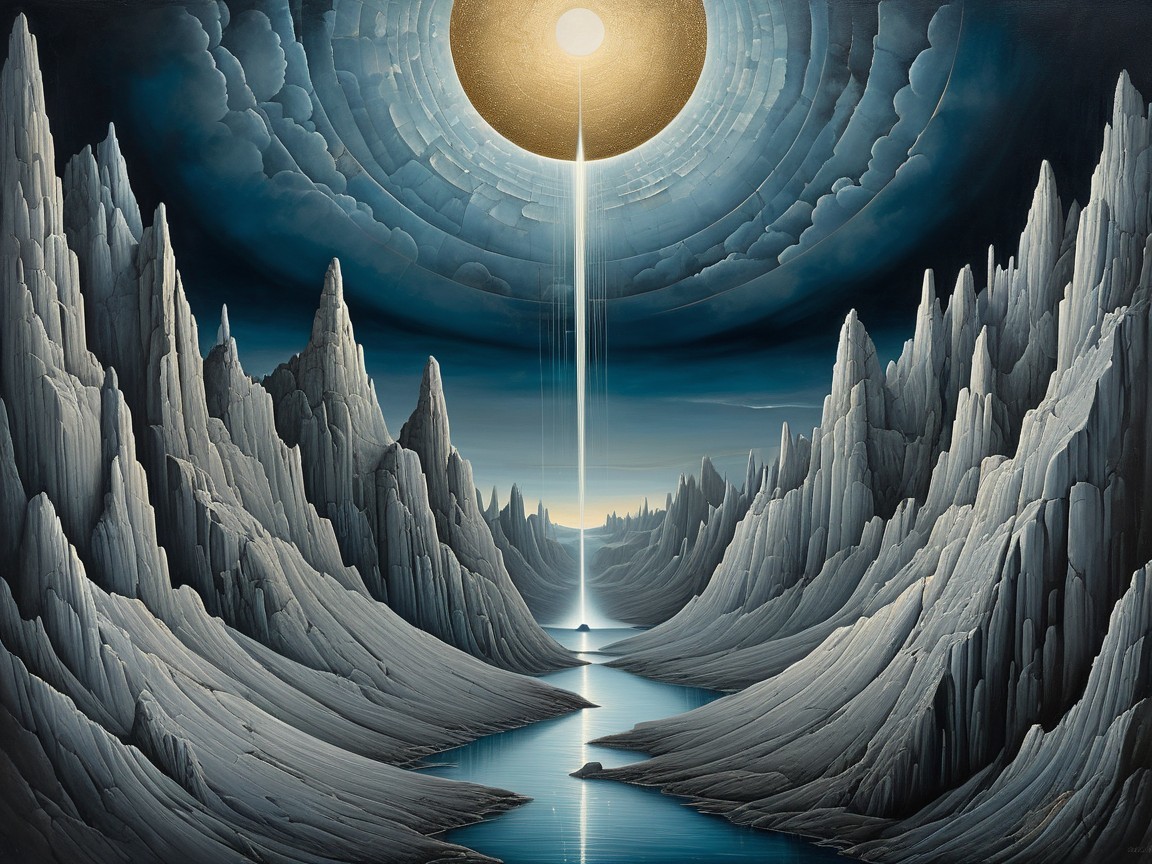 Surreal Landscape with Mountains and Illuminated River