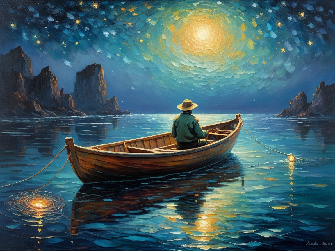 Solitary Figure in Boat Under Starlit Sky