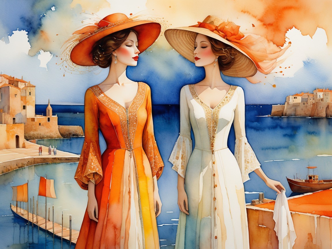 Elegant Women in Stylish Dresses by Coastal Scene