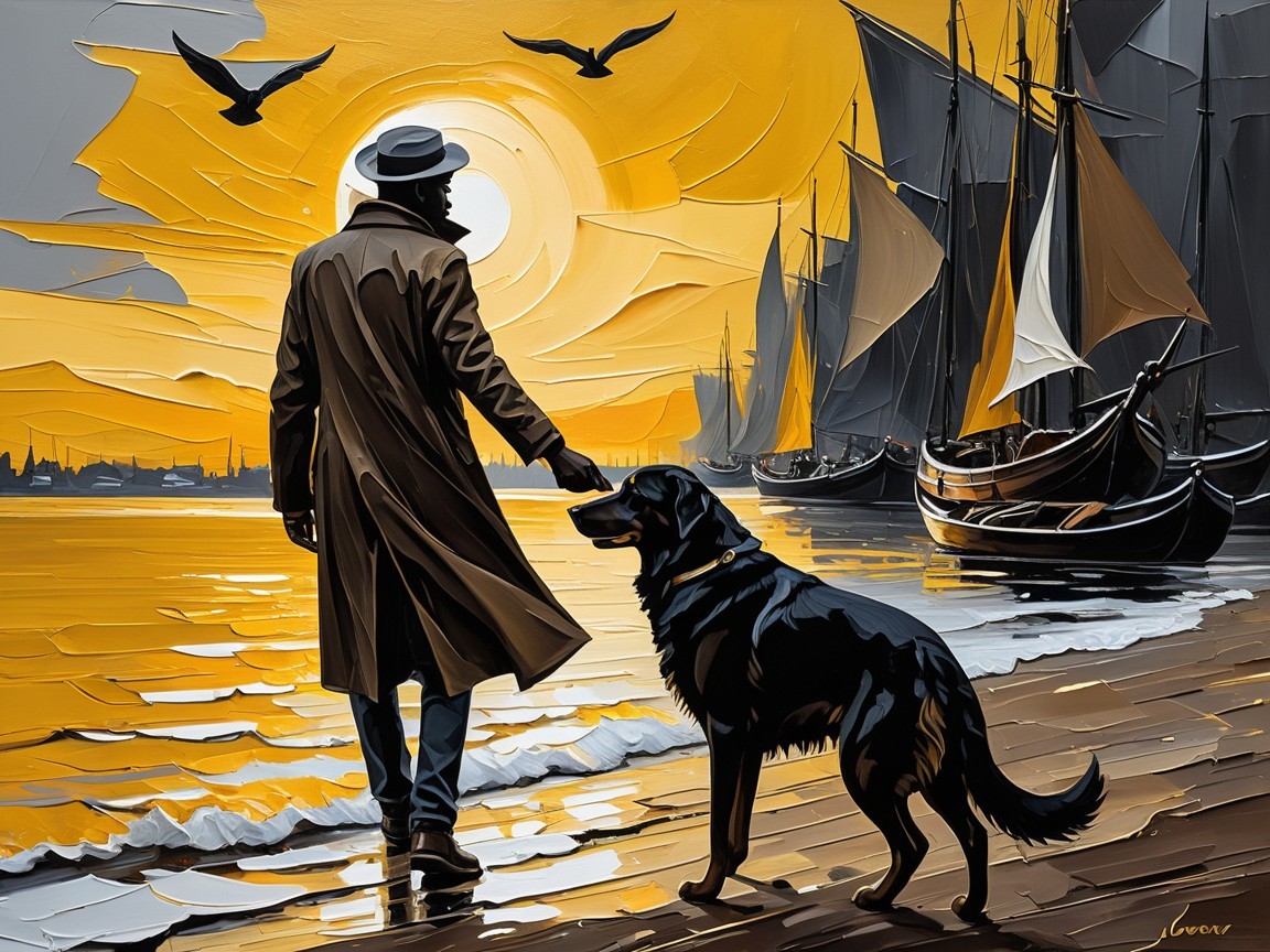 Silhouette of a man and dog at sunset by the shore