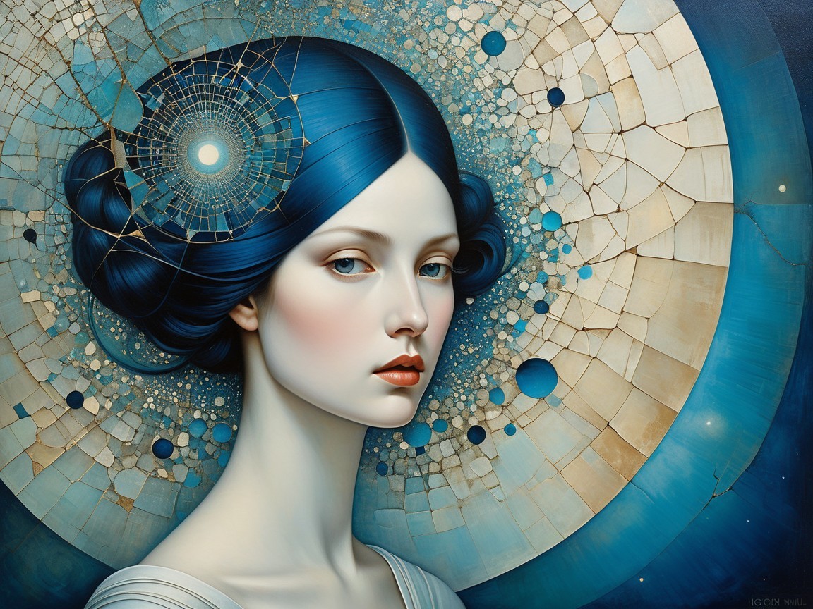 Serene woman with blue hair in geometric backdrop