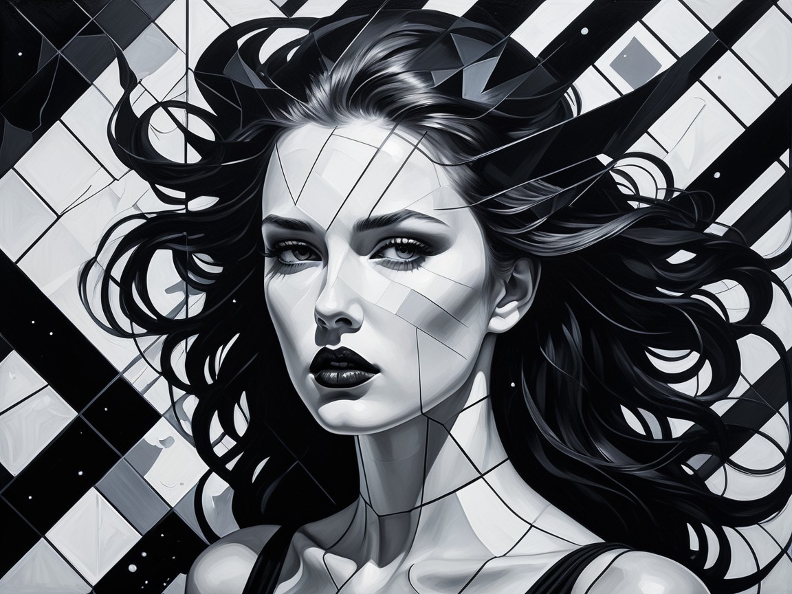 Black and white portrait of a woman with geometric patterns
