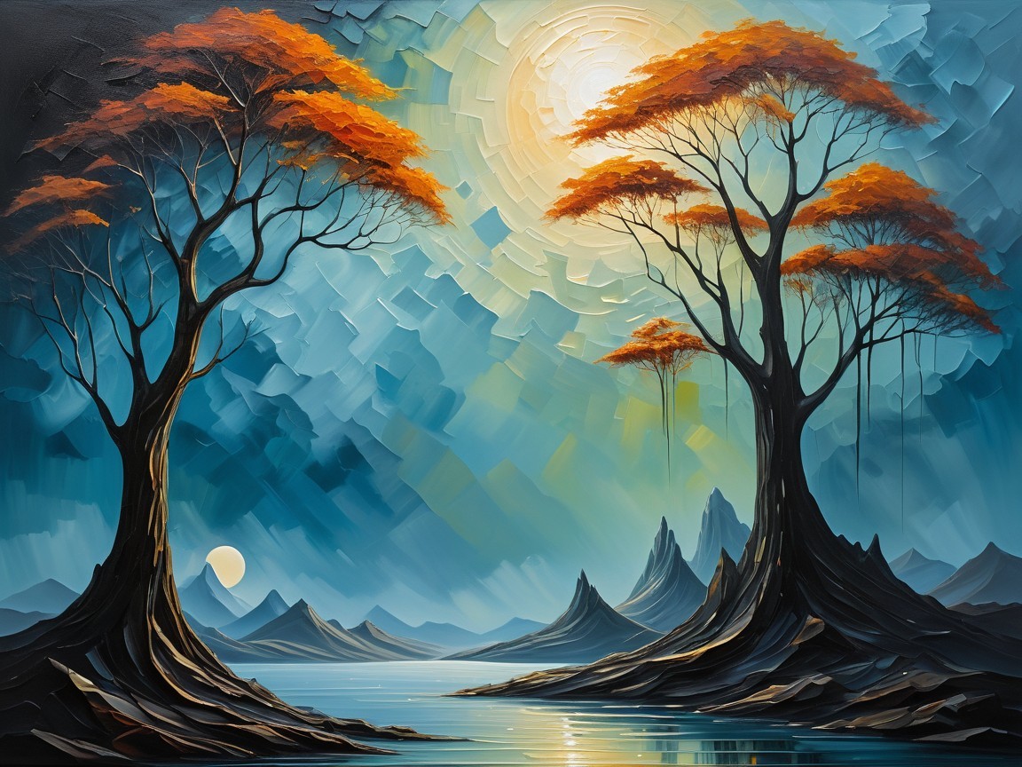 Stylized Trees and Misty Mountains by a Serene Lake
