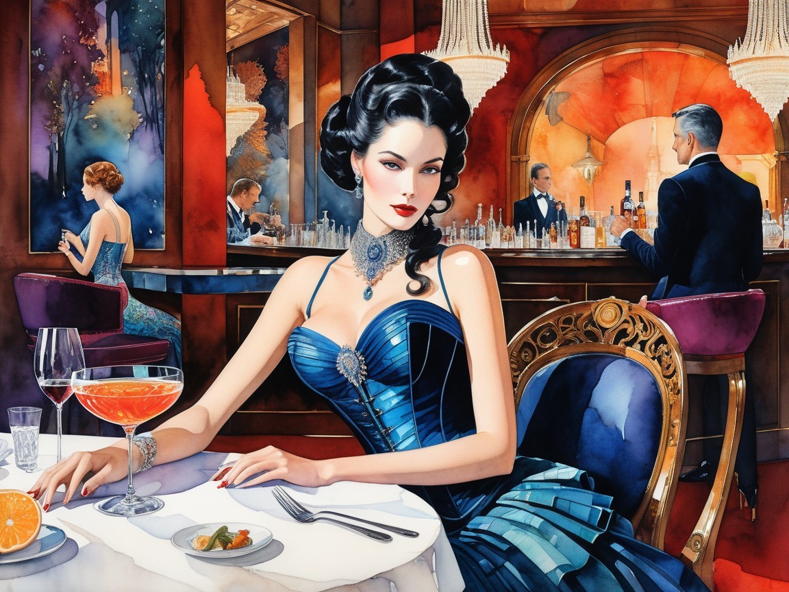 Elegant Woman in Blue Gown at Lavish Restaurant Table
