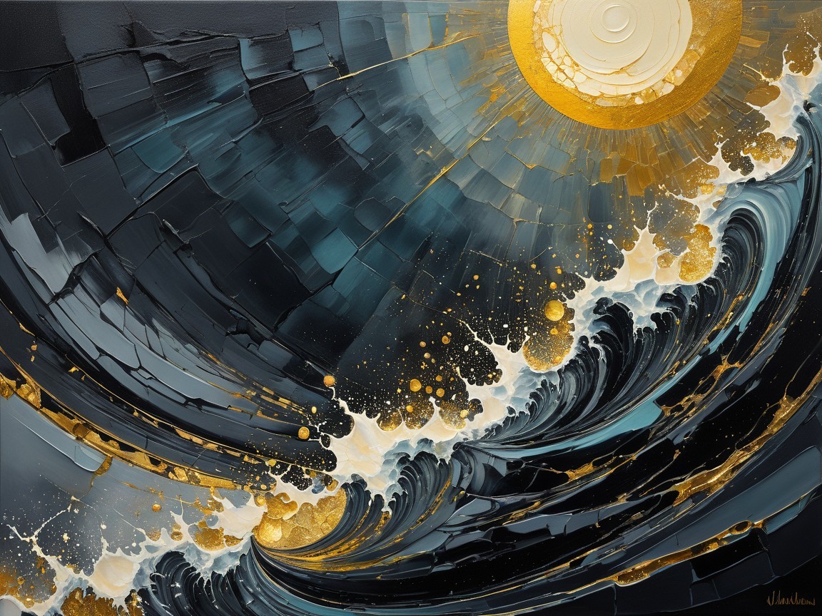 Abstract Painting of Ocean Waves with Golden Accents