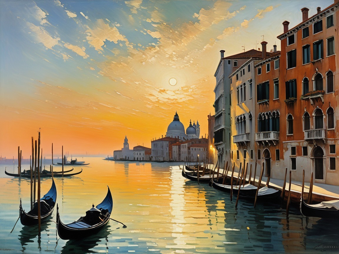 Serene Sunset Scene of Venice with Gondolas and Canals