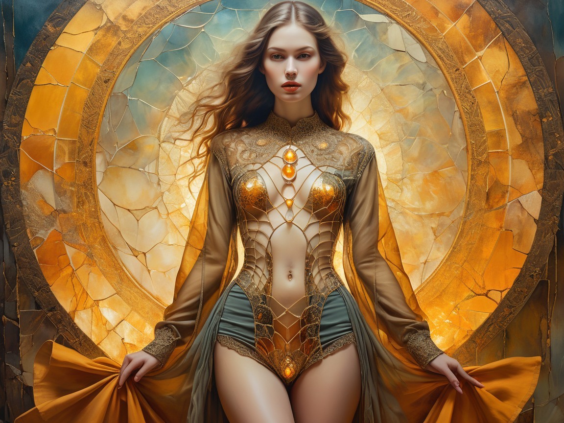 Regal figure in golden outfit with stained glass backdrop
