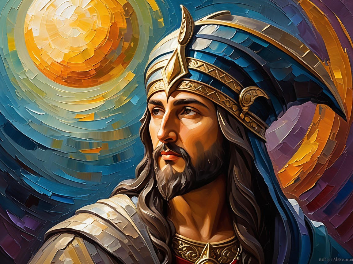 Regal figure with crown against vibrant background