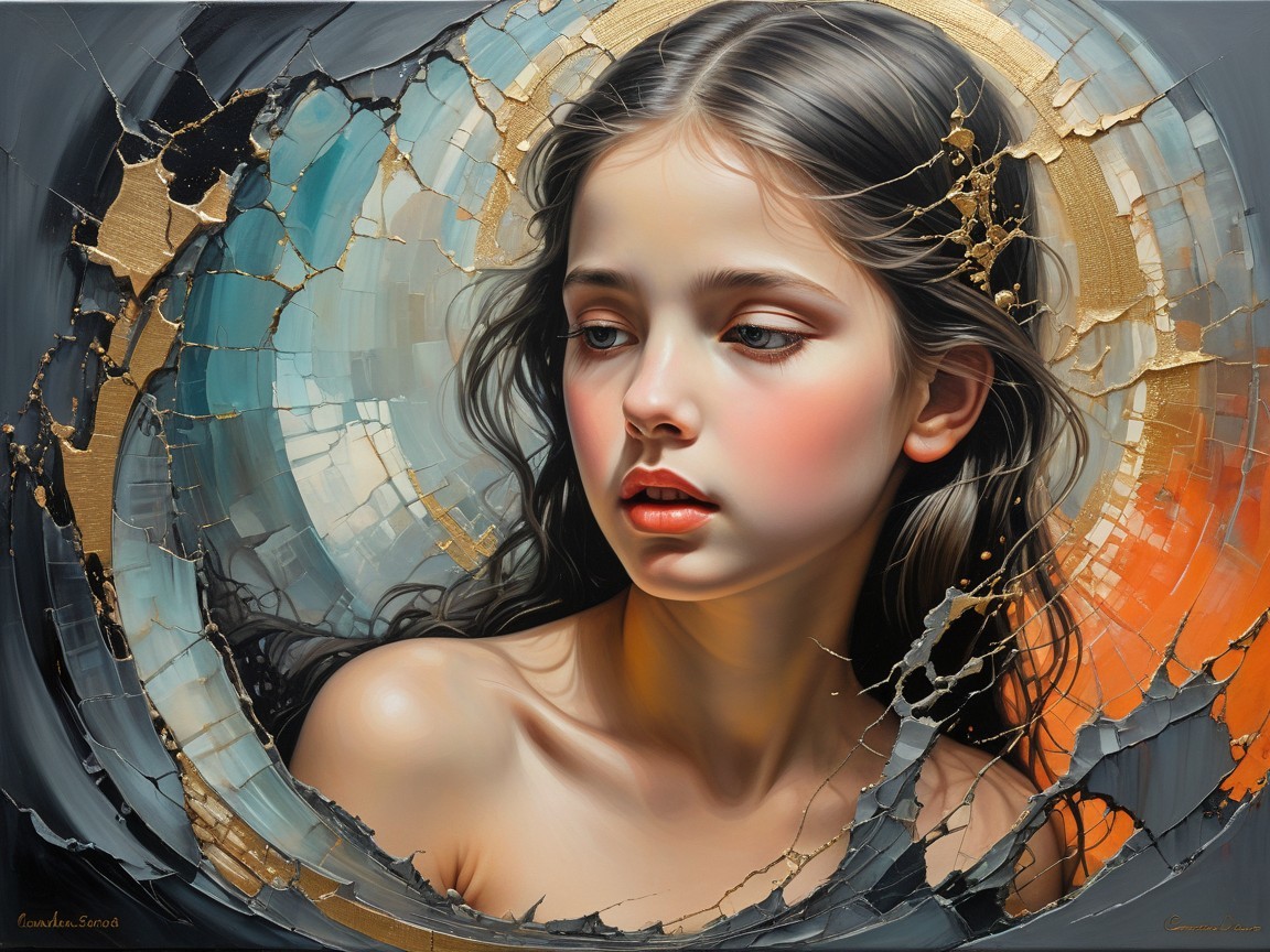 Portrait of a Young Girl with Abstract Cracked Patterns