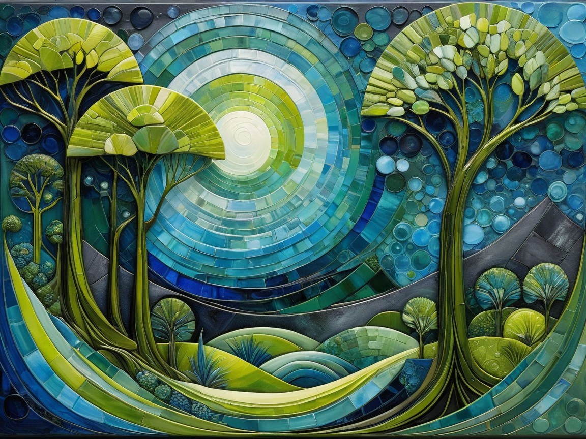 Vibrant Abstract Landscape with Stylized Trees and Sun