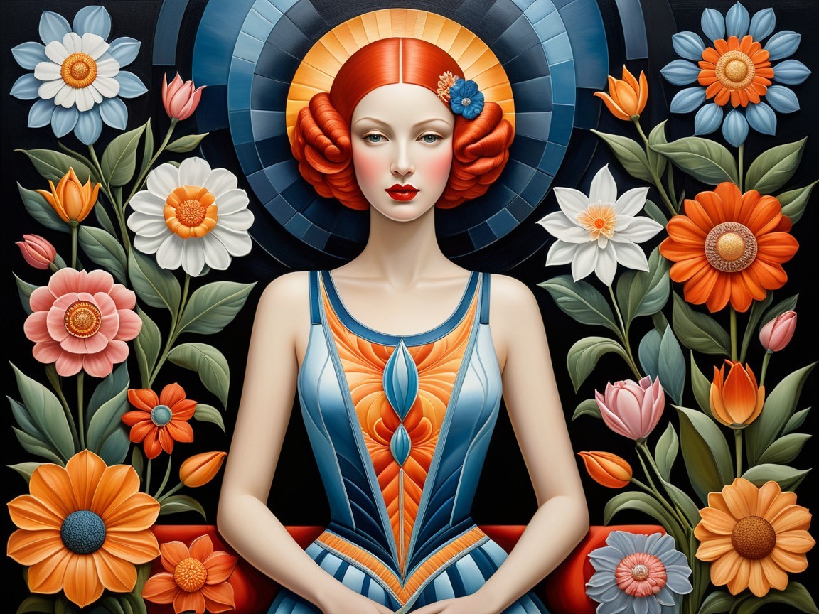 Stylized Woman with Red Hair and Floral Dress