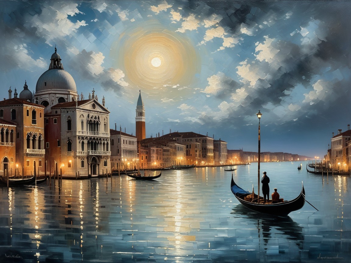 Serene Night Scene of Venice with Moonlit Canals